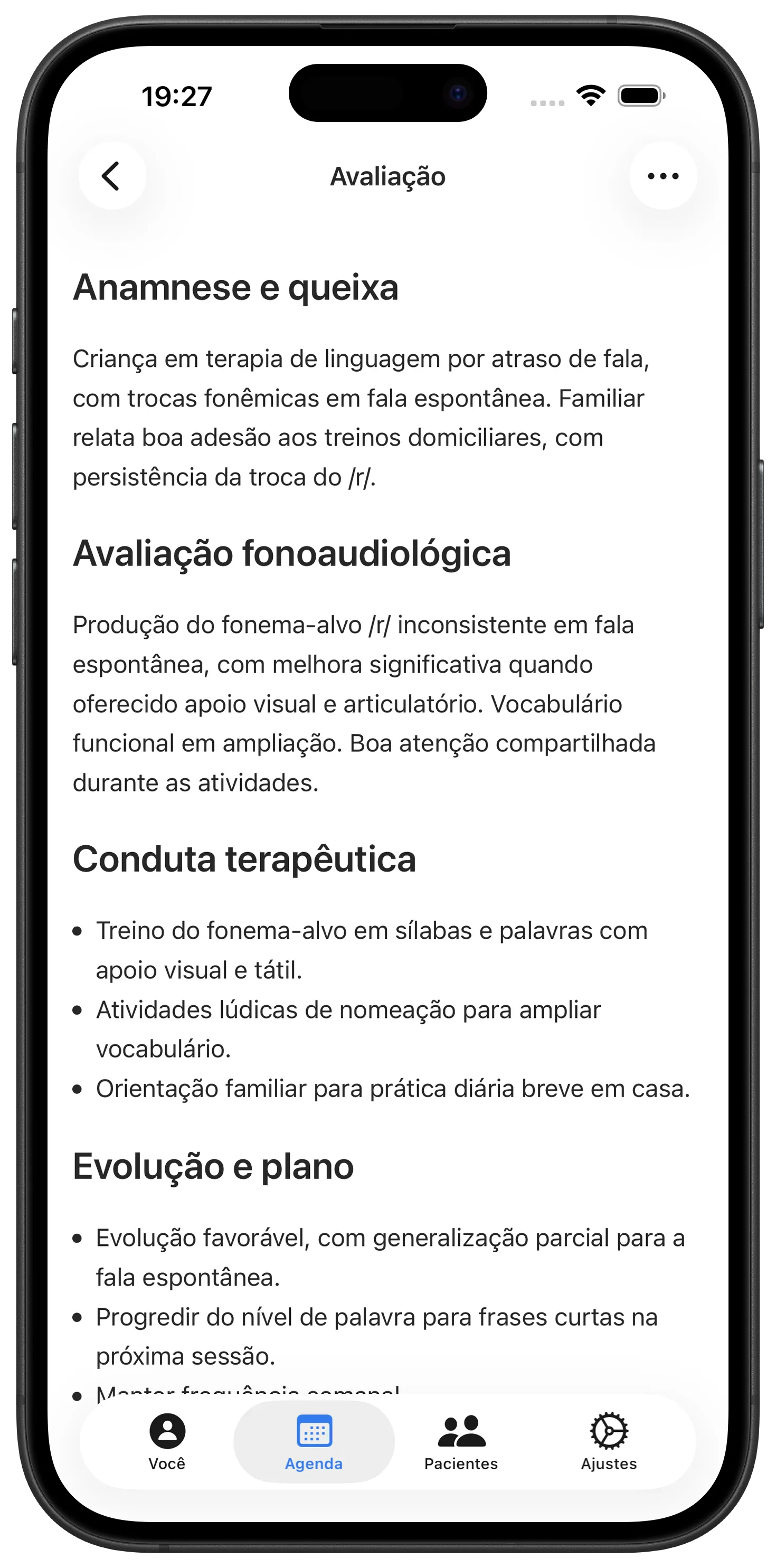 Registro fonoaudiológico escrito pelo Maestra