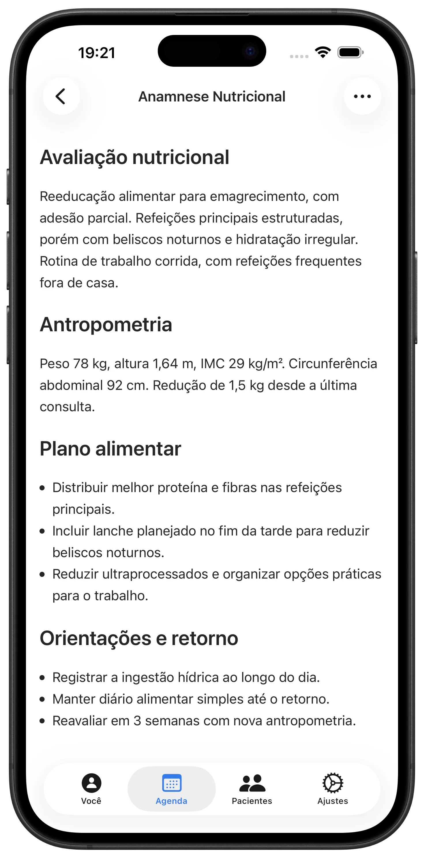 Registro nutricional escrito pelo Maestra